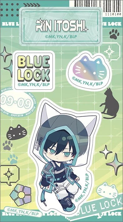 Blue Lock Season 2 Rin Itoshi Cyber Cat Acrylic Die-cut Sticker - Official Japanese Anime Merchandise featuring chibi cat-themed artwork in a die-cut acrylic design on a clean white background.