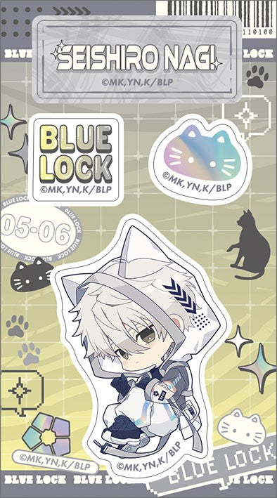 Official Blue Lock Season 2 Seishiro Nagi Cyber Cat acrylic die-cut sticker. Approx. 14.8 × 7.4 cm, perfect for anime collectors.