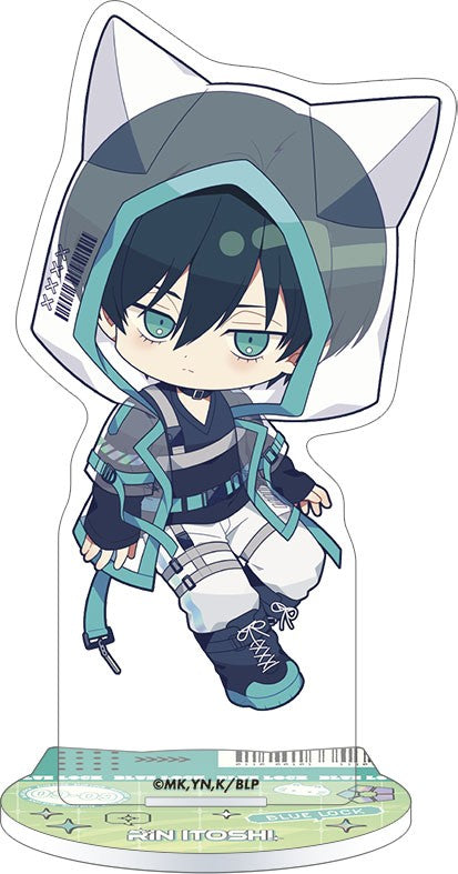 Blue Lock Season 2 Rin Itoshi Cyber Cat Mini Acrylic Stand - Official Japanese Anime Merchandise featuring Rin Itoshi in playful chibi cat-themed artwork on a clean white background.