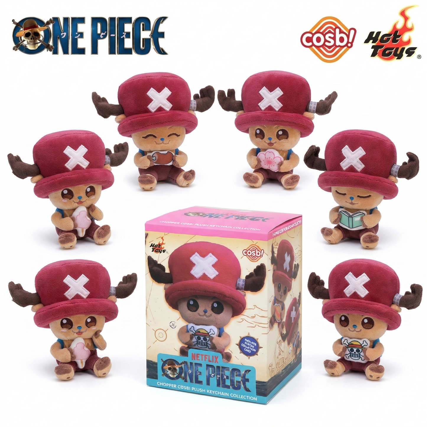 Hot Toys Cosbi One Piece Chopper Plush Keychain - Official Japanese Anime Merchandise Tony Tony Chopper plush keychain with embroidered details on a clean white background.