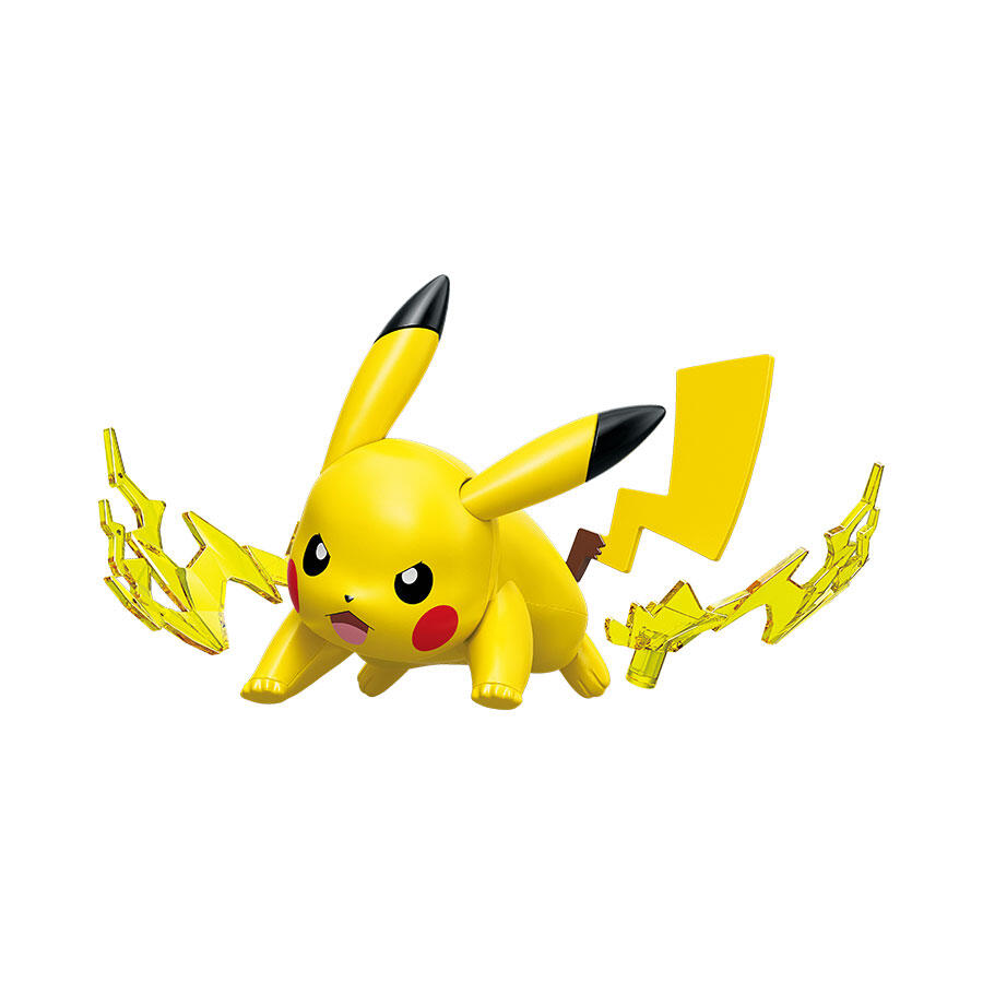 Keeppley Pokemon Battle Series Wave 1 Pikachu Building Block Set displayed on a gaming desk and collector's shelf - Authentic Japanese Import.