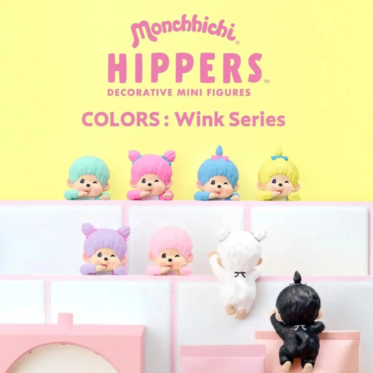 Monchhichi HIPPERS Mini Figure Blind Box Wink Series - Official Japanese Anime Merchandise featuring a random winking Monchhichi HIPPERS figure on a clean white background.