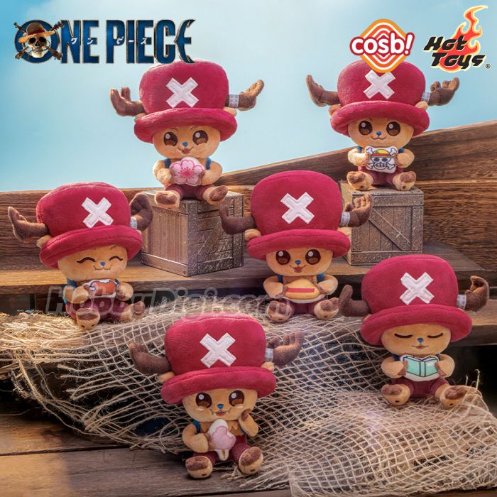 Hot Toys Cosbi One Piece Chopper Plush Keychain displayed in a lifestyle setting on a collector’s desk with anime figures and merchandise - Authentic Japanese Import.