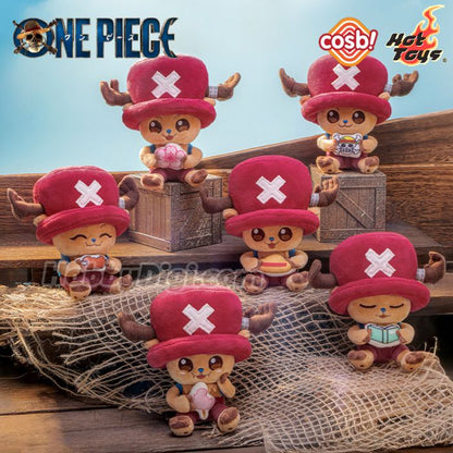 Hot Toys Cosbi One Piece Chopper Plush Keychain displayed in a lifestyle setting on a collector’s desk with anime figures and merchandise - Authentic Japanese Import.